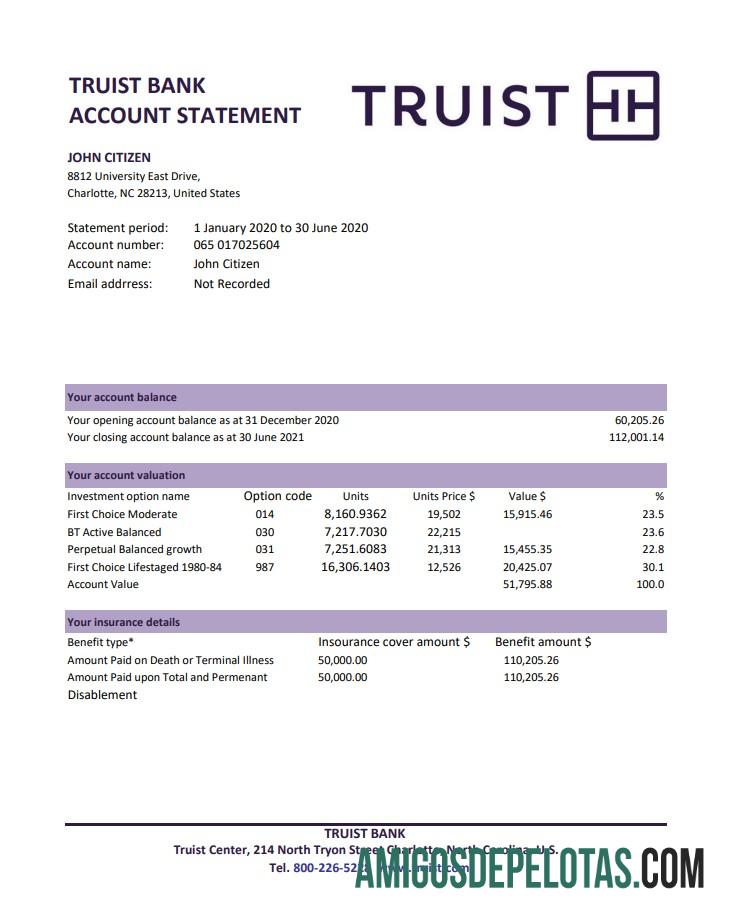 USA Truist Bank Excel Pdf amostra